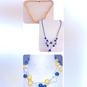 3 Vintage 60’s Acrylic necklaces:navy, white stripe; Yellow; Navy, White, yellow